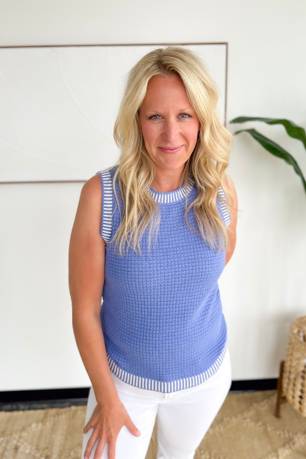 Indigo White Trim Knit Sleeveless Top
