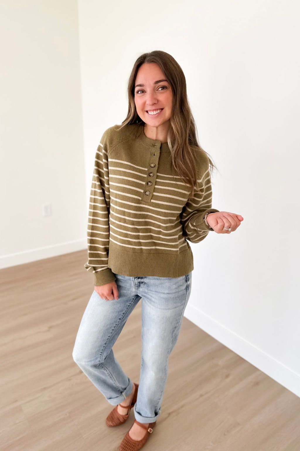 Green Button Striped Henley Top