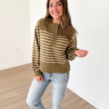 Green Button Striped Henley Top