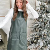 Dark Green Leather Sleeveless Mini Dress