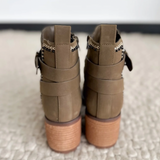 Olive Suede Heeled Boots With Silver Buckle