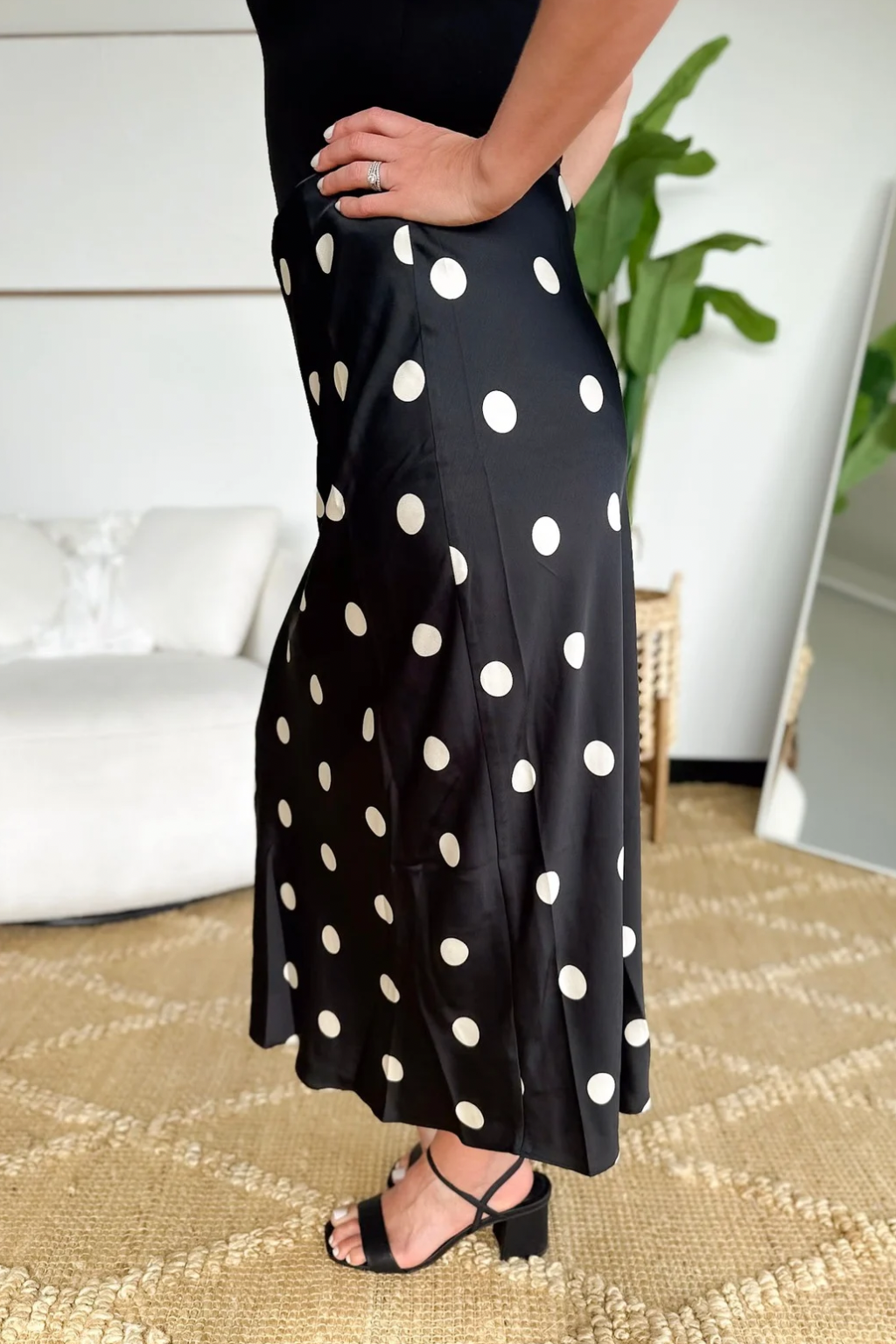 Black Satin Cream Polka Dot Midi Skirt