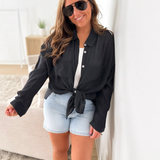 Black Woven Collared Button Up Top