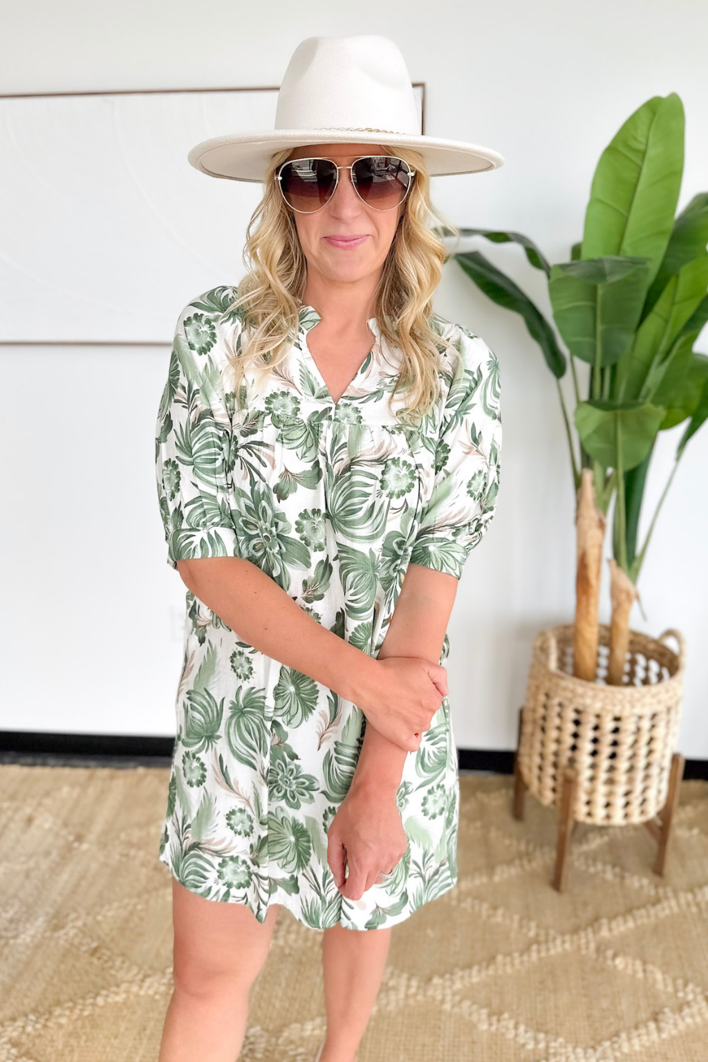 Green Floral Elbow Sleeve Mini Dress
