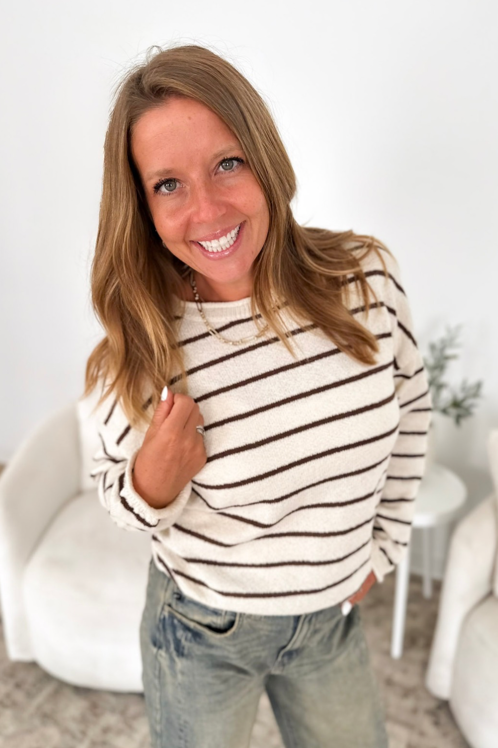 Ivory & Thin Brown Stripe Knit Sweater