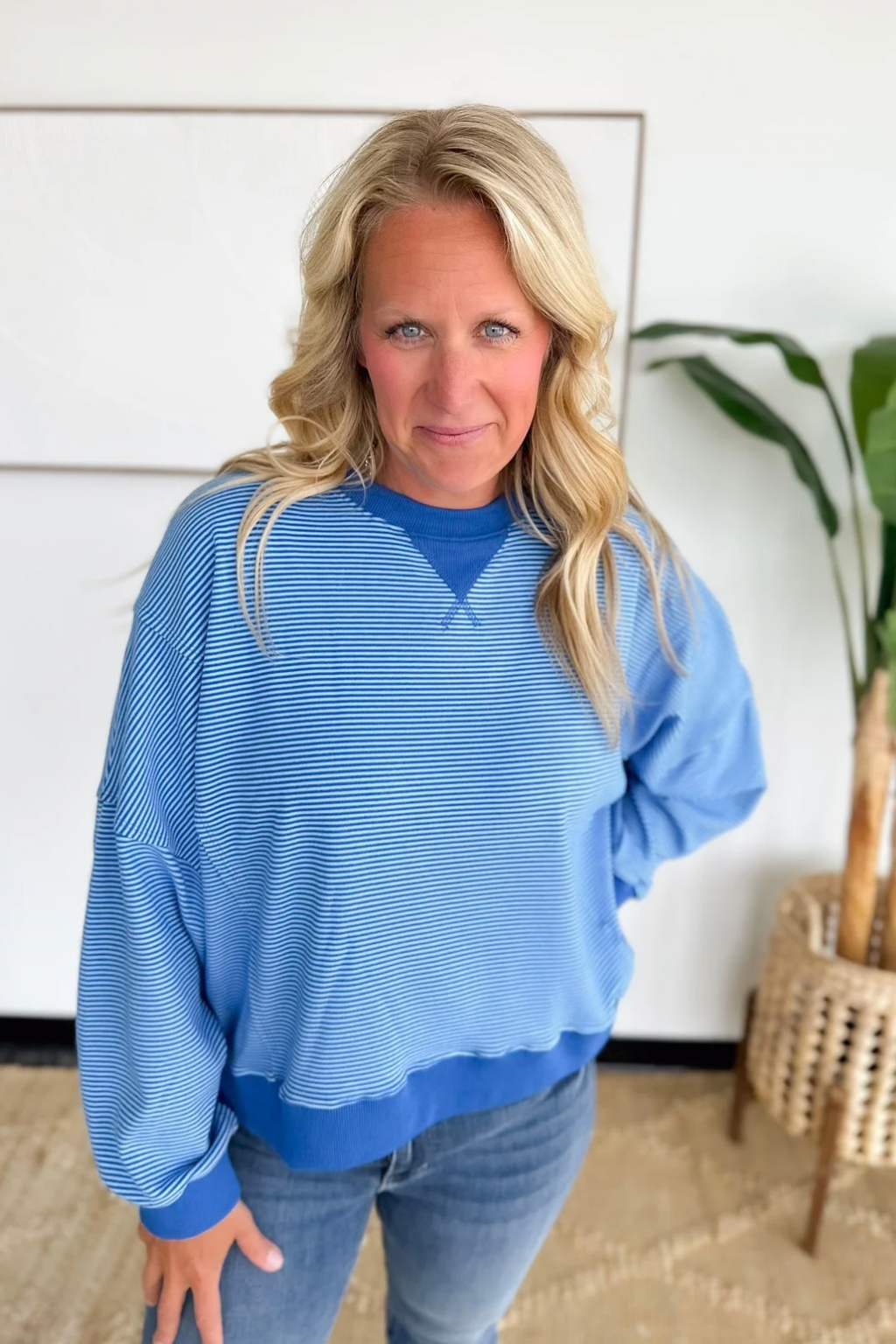 Blue Stripe Drop Shoulder Pullover