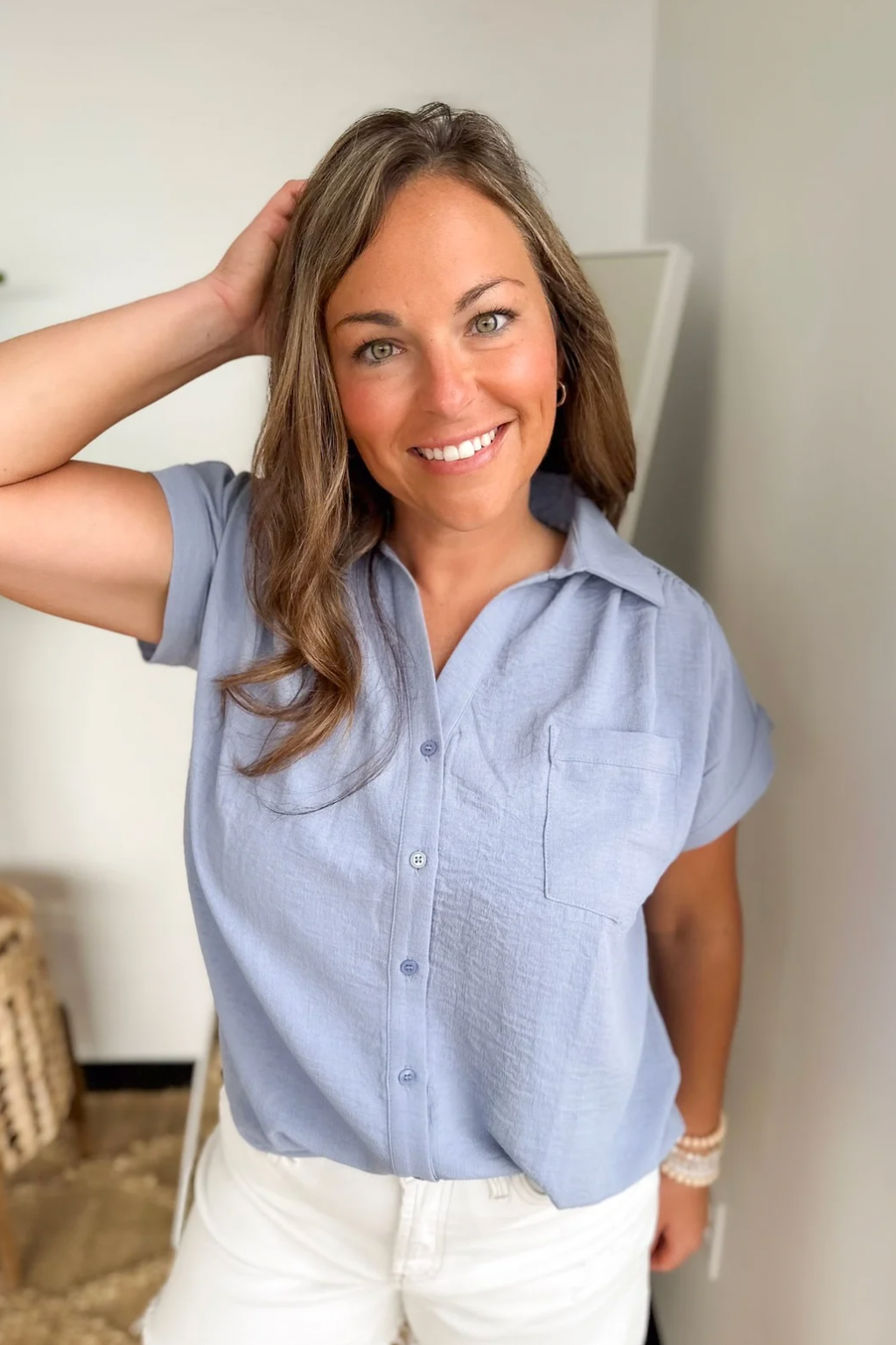 Denim Collared Button Short Sleeve Top