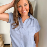 Denim Collared Button Short Sleeve Top
