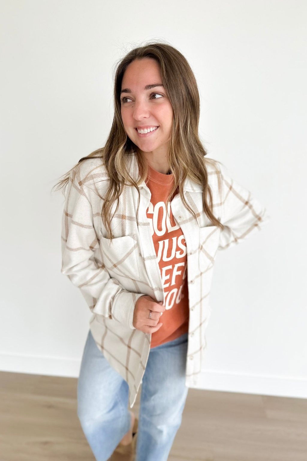 Beige & Tan Plaid Button Up Top