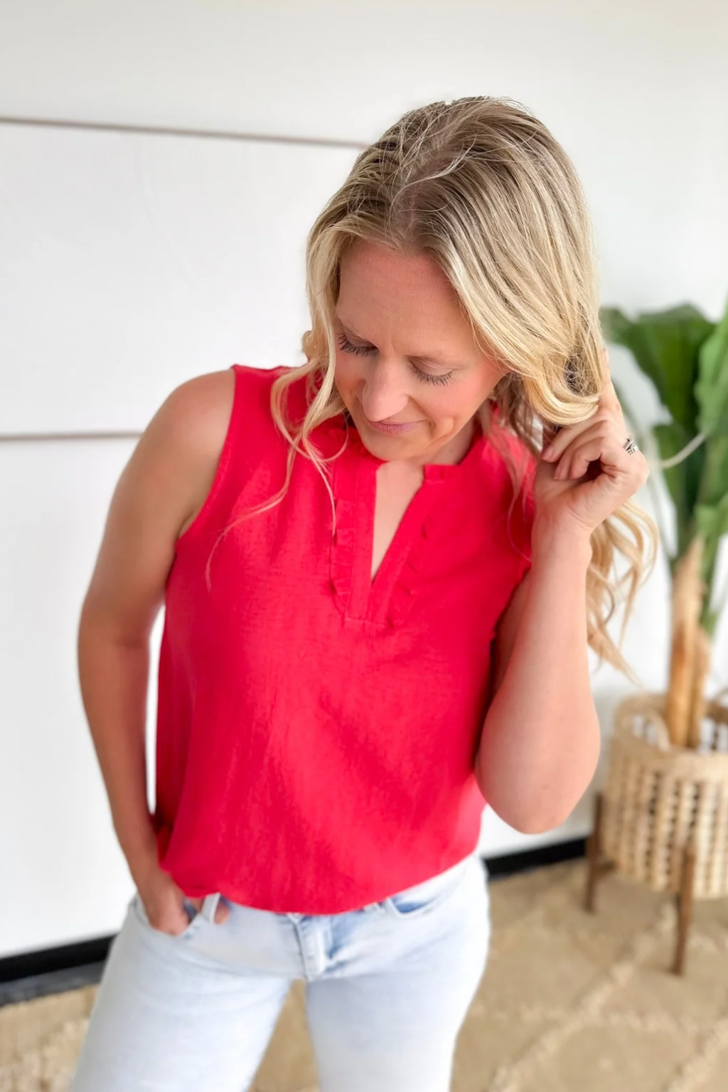 Red Ruffle Detail Sleeveless Top