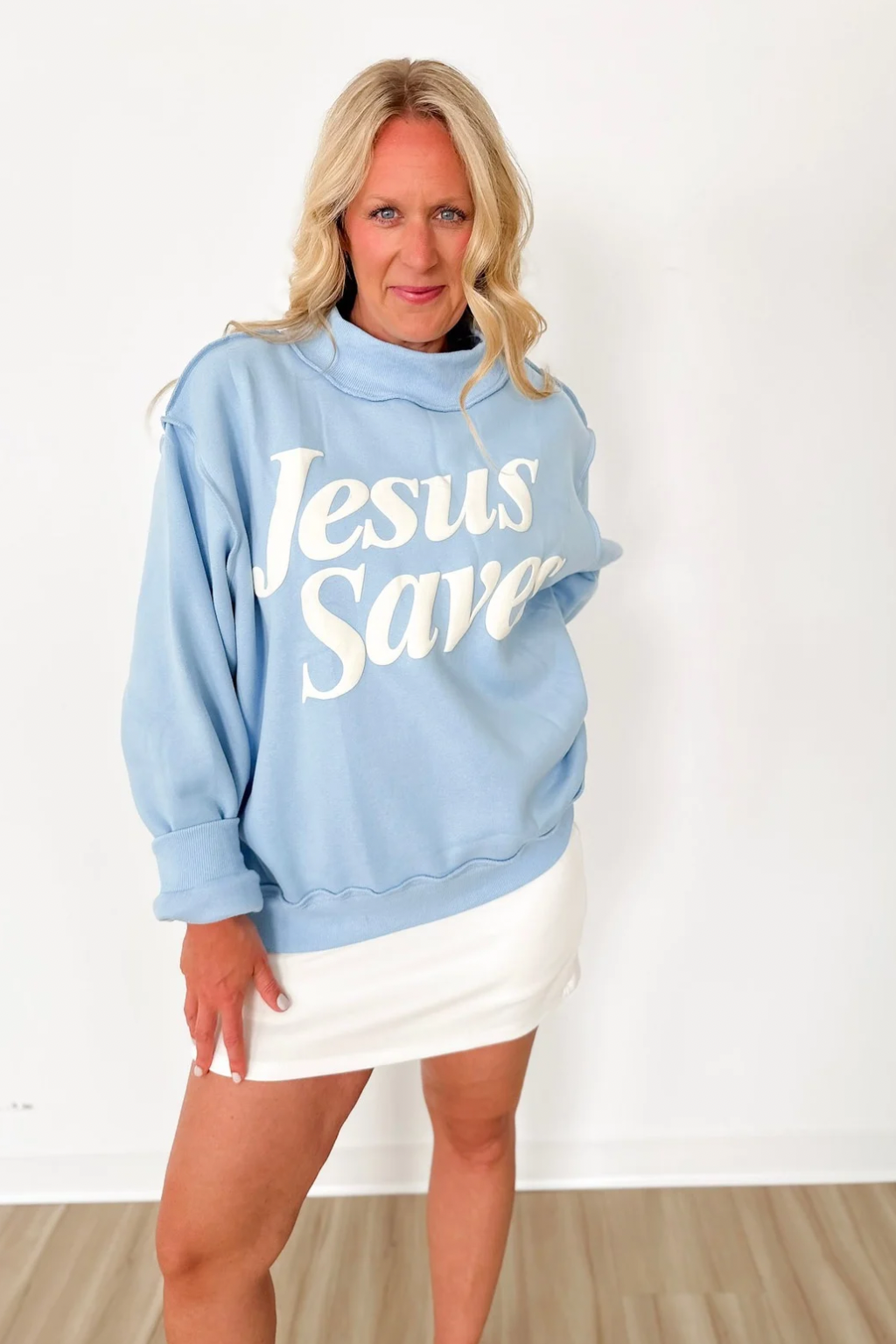 Jesus Saves Baby Blue Mock Neck Sweatshirt