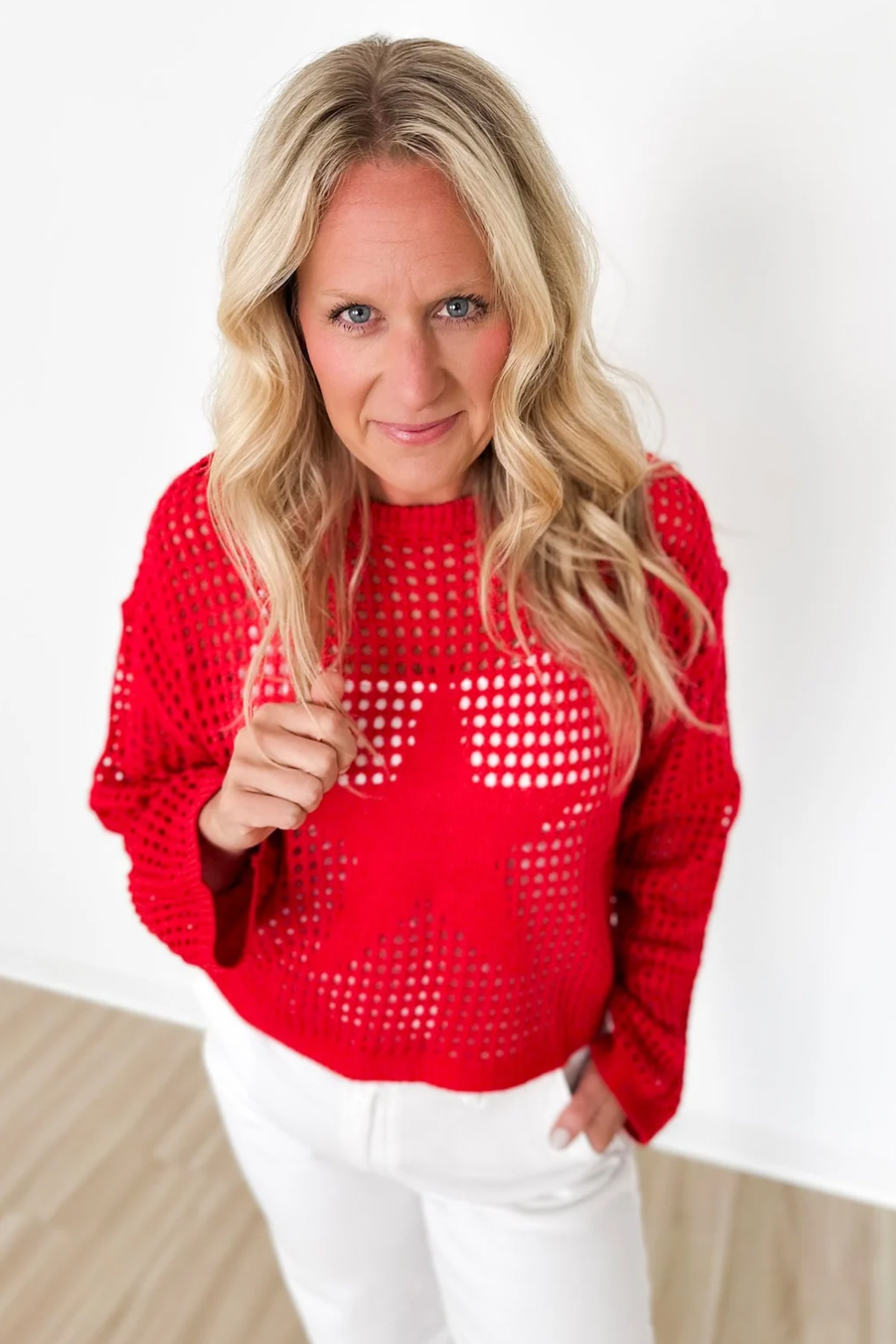 Red Open Knit Star Sweater