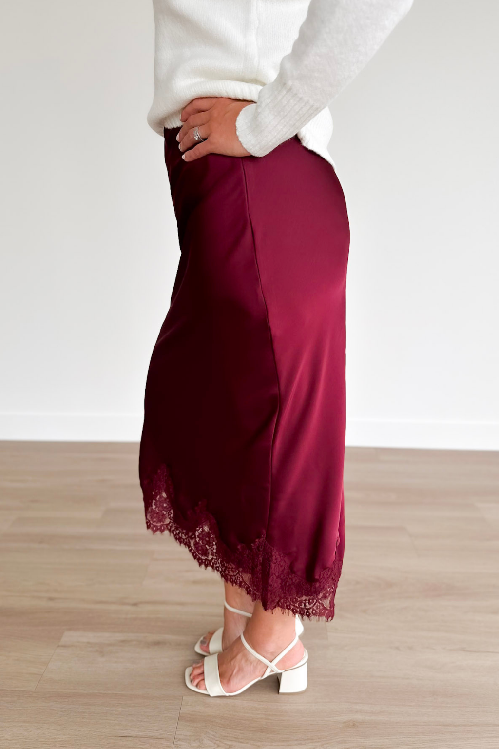 Burgundy Satin Mini Skirt with Lace