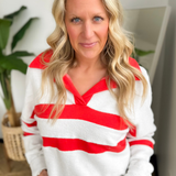 Red/White V-Neck Collared Textured Top