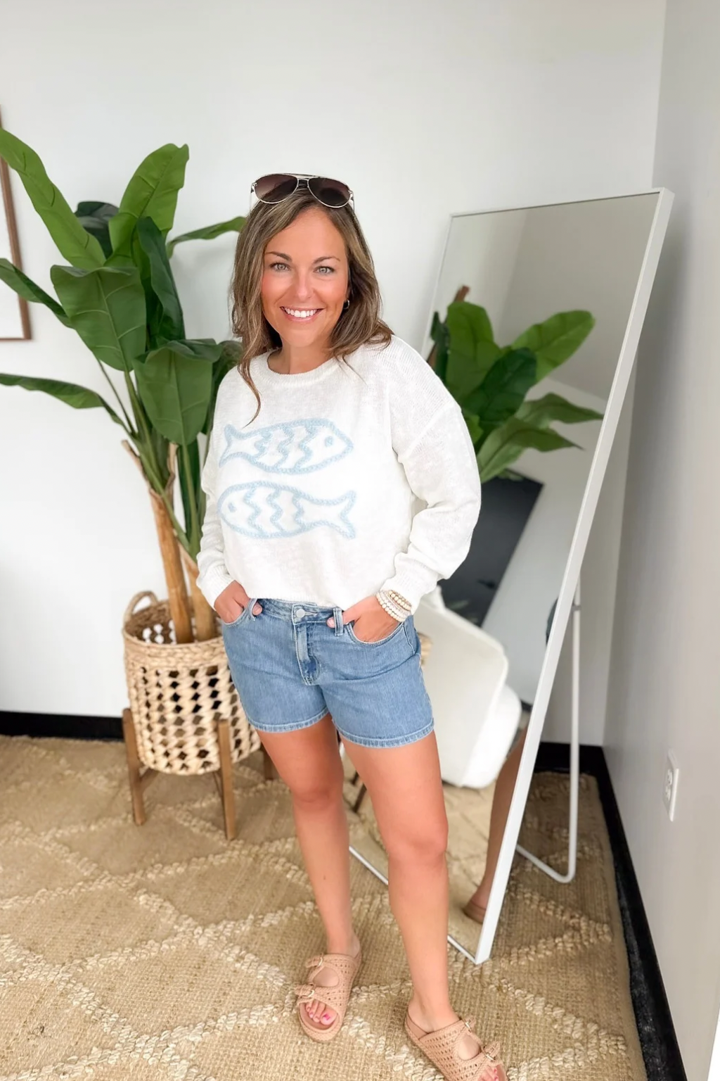 Ivory Knit Blue Fish Sweater