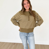 Green Button Striped Henley Top