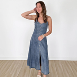 Denim Flowy Maxi Dress w/ Contrast Buttons