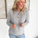 Grey Waffle Knit 1/2 Button Hooded Pullover