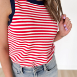 Red/White Striped Blue Contrast Sleeveless Top