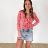 Red Washed Henley Waffle Top