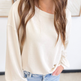 Cream Relaxed Lightweight Pleated Cuff Top