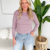Dark Lavender White Striped Long Sleeve Top
