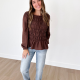 Smocked Mocha Peplum Top