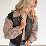Brown Faux Leather Sherpa Bomber Jacket