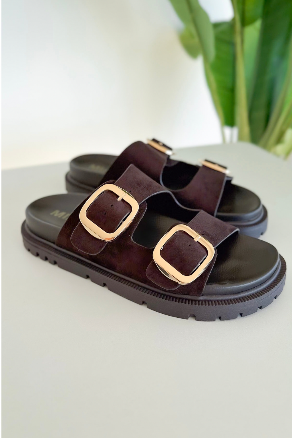 Chocolate Double Strap Suede Slide Sandal