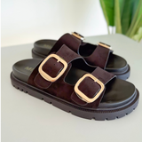 Chocolate Double Strap Suede Slide Sandal