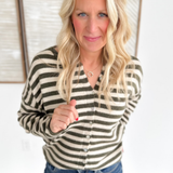 Dark Olive/Oatmeal Striped Button Sweater