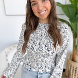 Ivory Long Sleeve Blue Floral Smocked Top