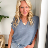 Relaxed Fit V-Neck Short Sleeve Knit Top-Denim