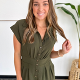 Olive Short Sleeve Button Wide Leg Jumpsuit
