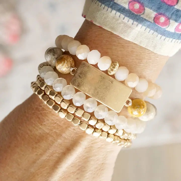 Beaded Bracelets Stack Semi Precious Metal Glass Plaque - Browns