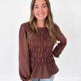 Smocked Mocha Peplum Top