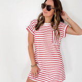 Textured Ivory/Red Striped T-Shirt Dress