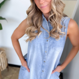 Sleeveless Collared Denim Shirt Dress