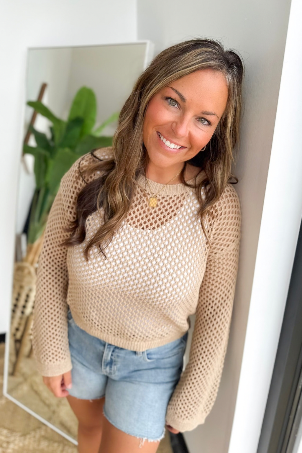 Taupe Open Knit Long Sleeve Top
