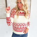 Red & Cream Pattern Crewneck Sweater
