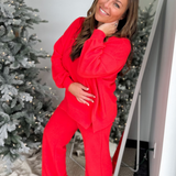 Mock Neck Relaxed Long Sleeve Pullover-Red