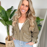 Waffle Knit Hoodie Zip Up Cropped Jacket