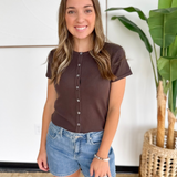 Brown Short Sleeve Button Front Top