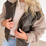 Brown Faux Leather Sherpa Bomber Jacket
