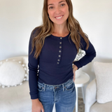 Blue Fitted Long Sleeve Henley Top