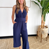 Navy V-Neck Cropped Jumpsuit