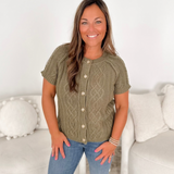 Olive Cable Knit Button Short Sleeve Top