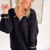 Black Knit V-Neck Contrast Stitch Sweater