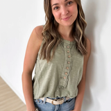 Olive Sleeveless Top with Buttons
