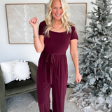 Square Neck Short Sleeve Wine Jumpsuit